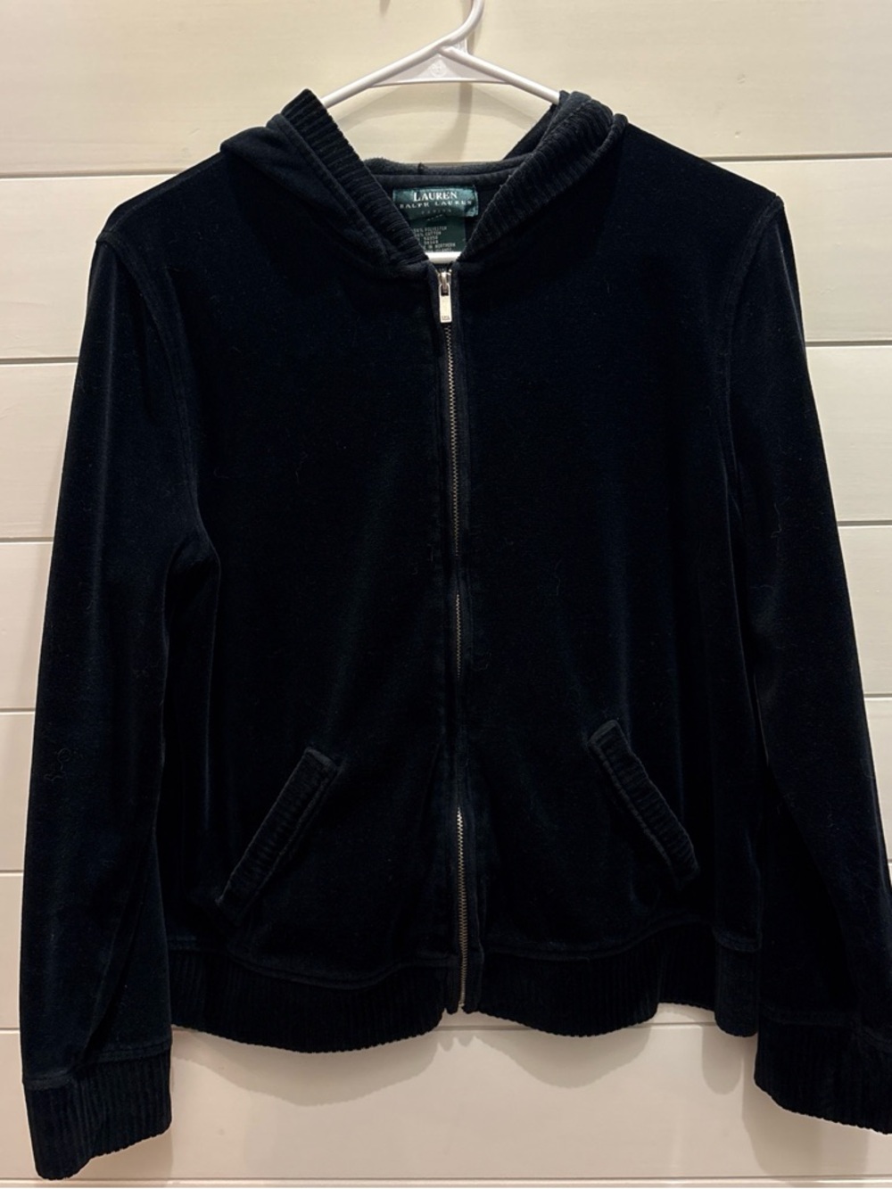Vintage Ralph Lauren Black Velour Zip-Up Hoodie Preppy Quiet Luxury Comfy